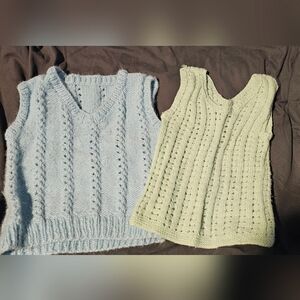 Handmade Knit Sleeveless Sweaters - Blue and Green